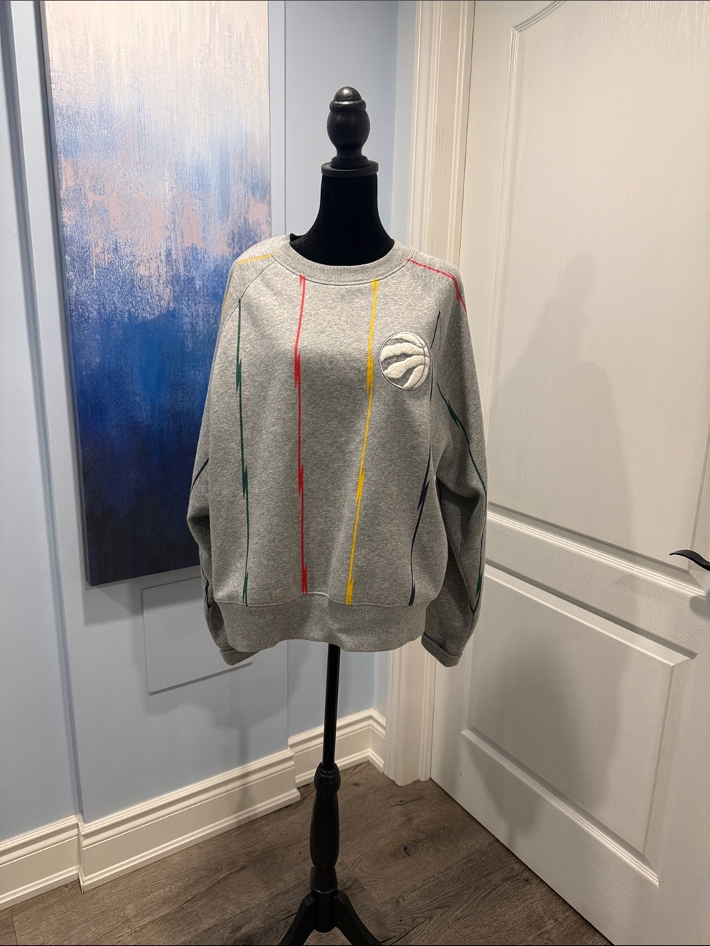 HBC/Raptors Grey Crewneck Sweatshirt with Multicolor Pinstripes
